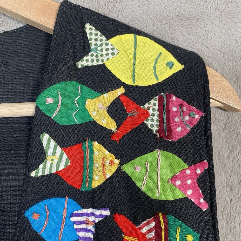 Vintage Artisan Fish Applique Vest M Folk Art to Wear Novelty Patchwork Colorful - Picture 3 of 15